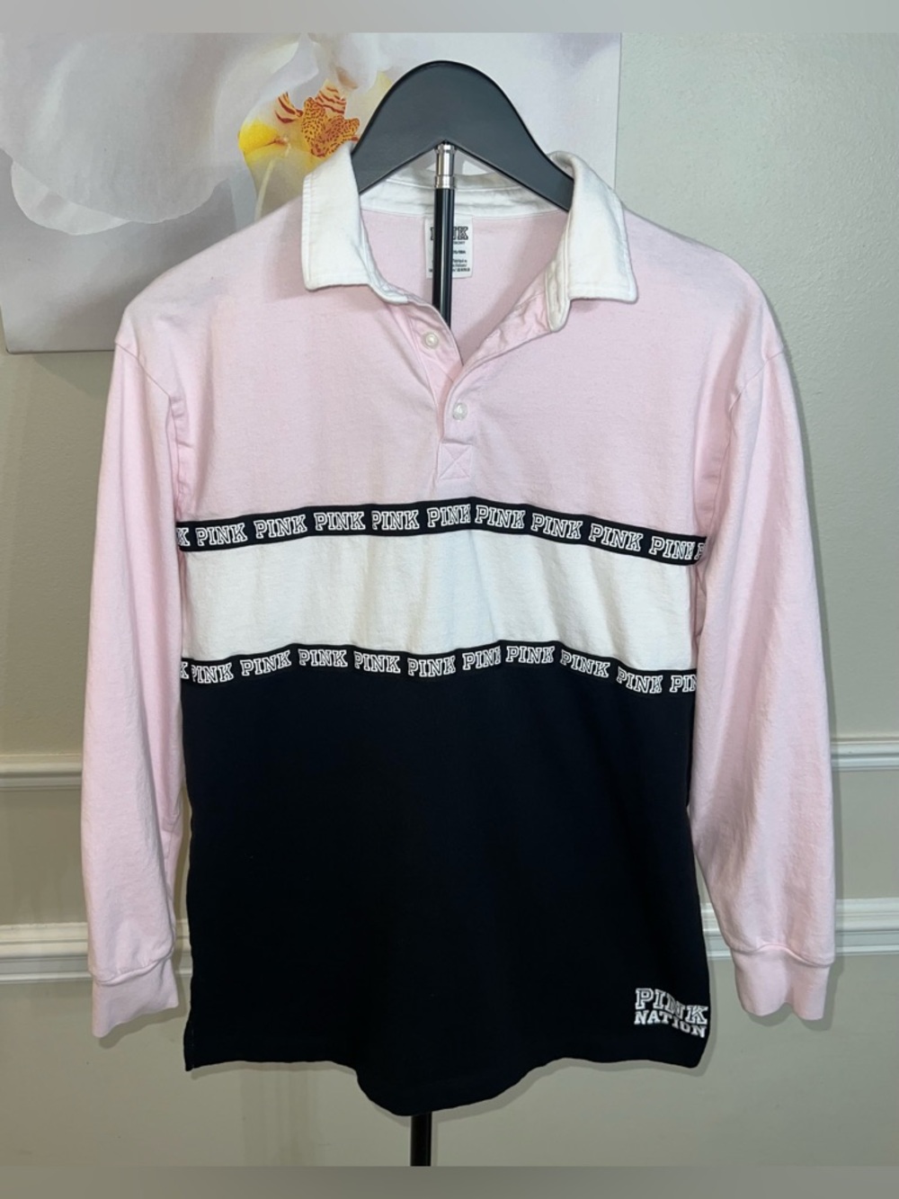 Victoria’s Secret PINK Colorblock Rugby Tee Polo Long Sleeve Shirt! Size Small.